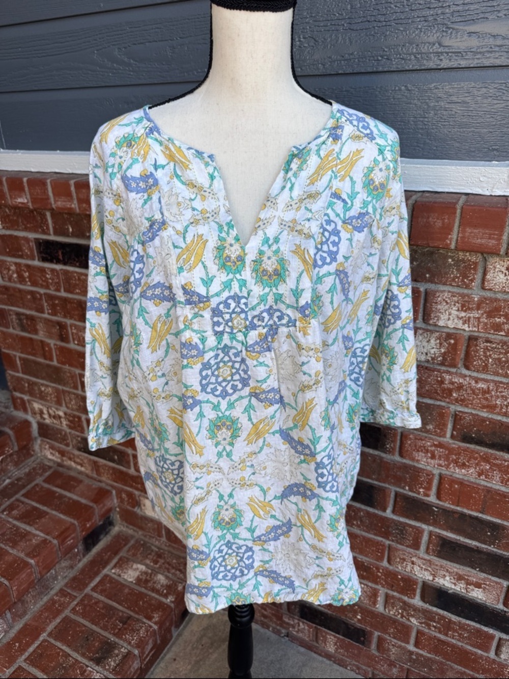 Lands' End Blue Green Paisley Split Neck Tunic Top 3/4 Sleeve 100% Linen 14W 0X